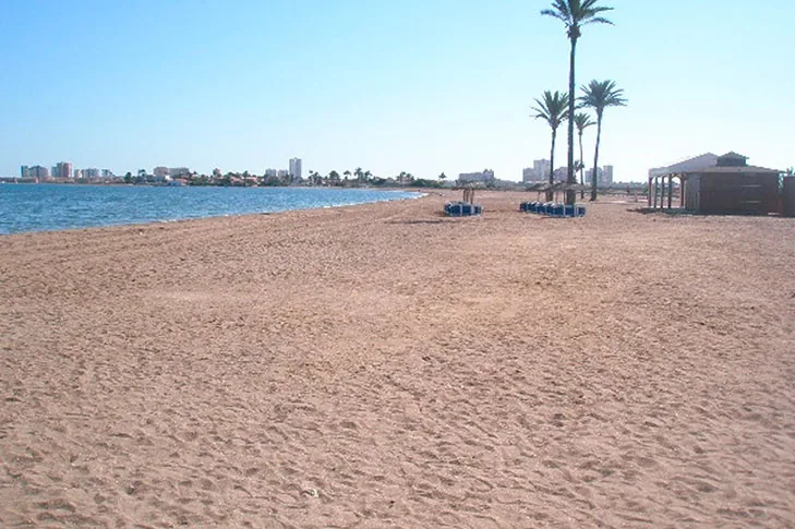 Palmen und ein Strohschirm auf dem Sand von Playa Paraíso, mit hohen Gebäuden im Hintergrund