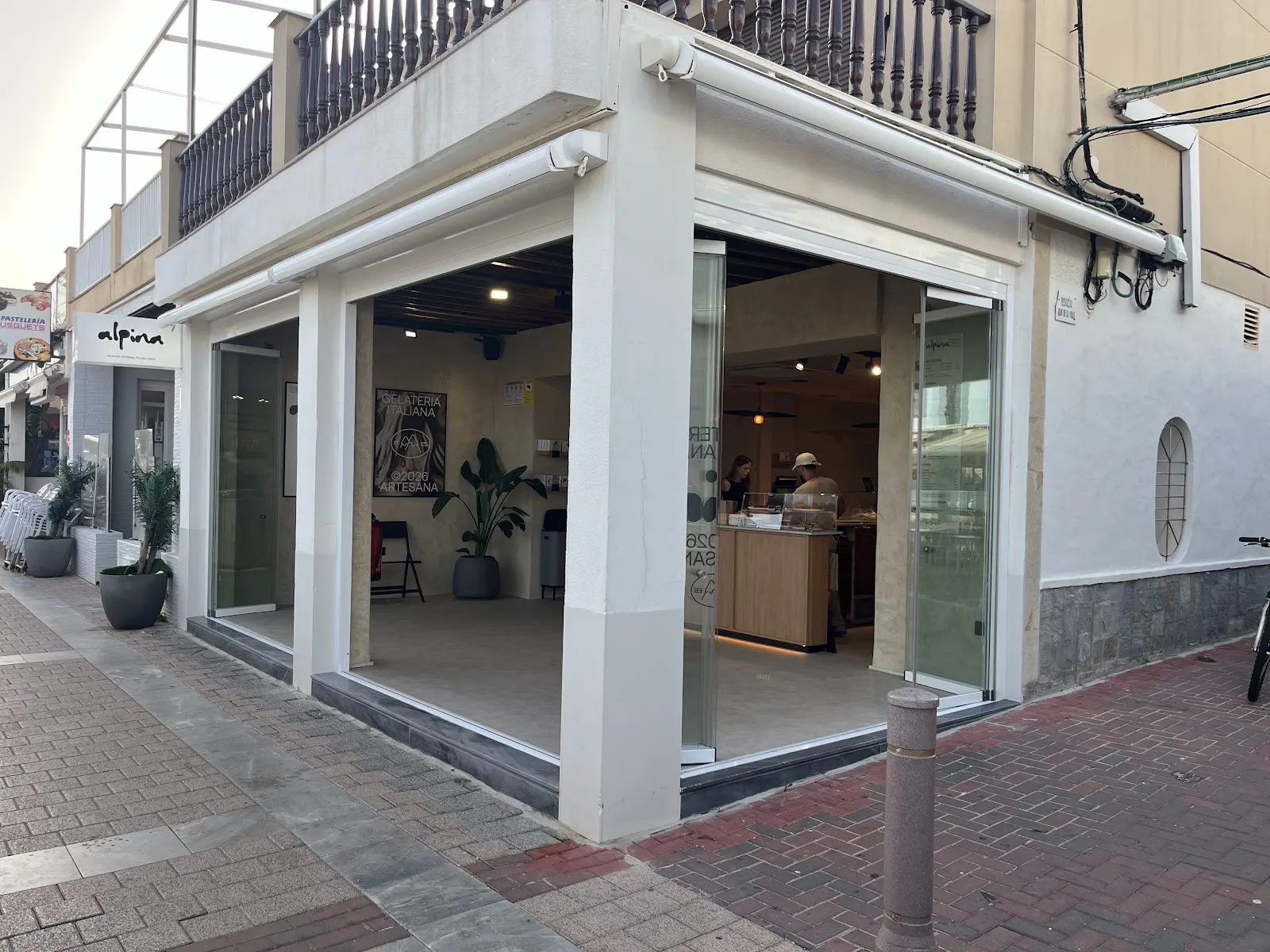 Façade of Alpina Gelateria in Cabo de Palos, with its Gelateria Italiana sign