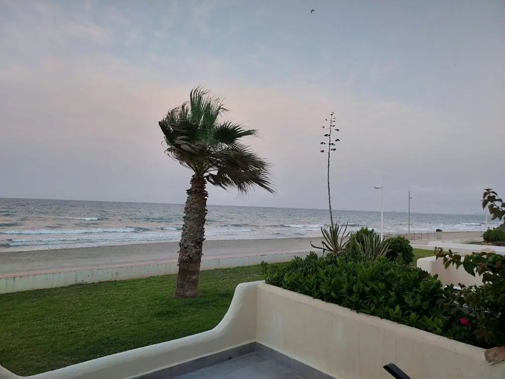 Vue sur la plage depuis la terrasse de la Cafetería Heladería La Victoria