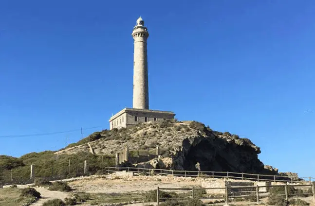 Torre del Faro de Cabo de Palos vom Zugangsweg aus gesehen, bei klarem Himmel