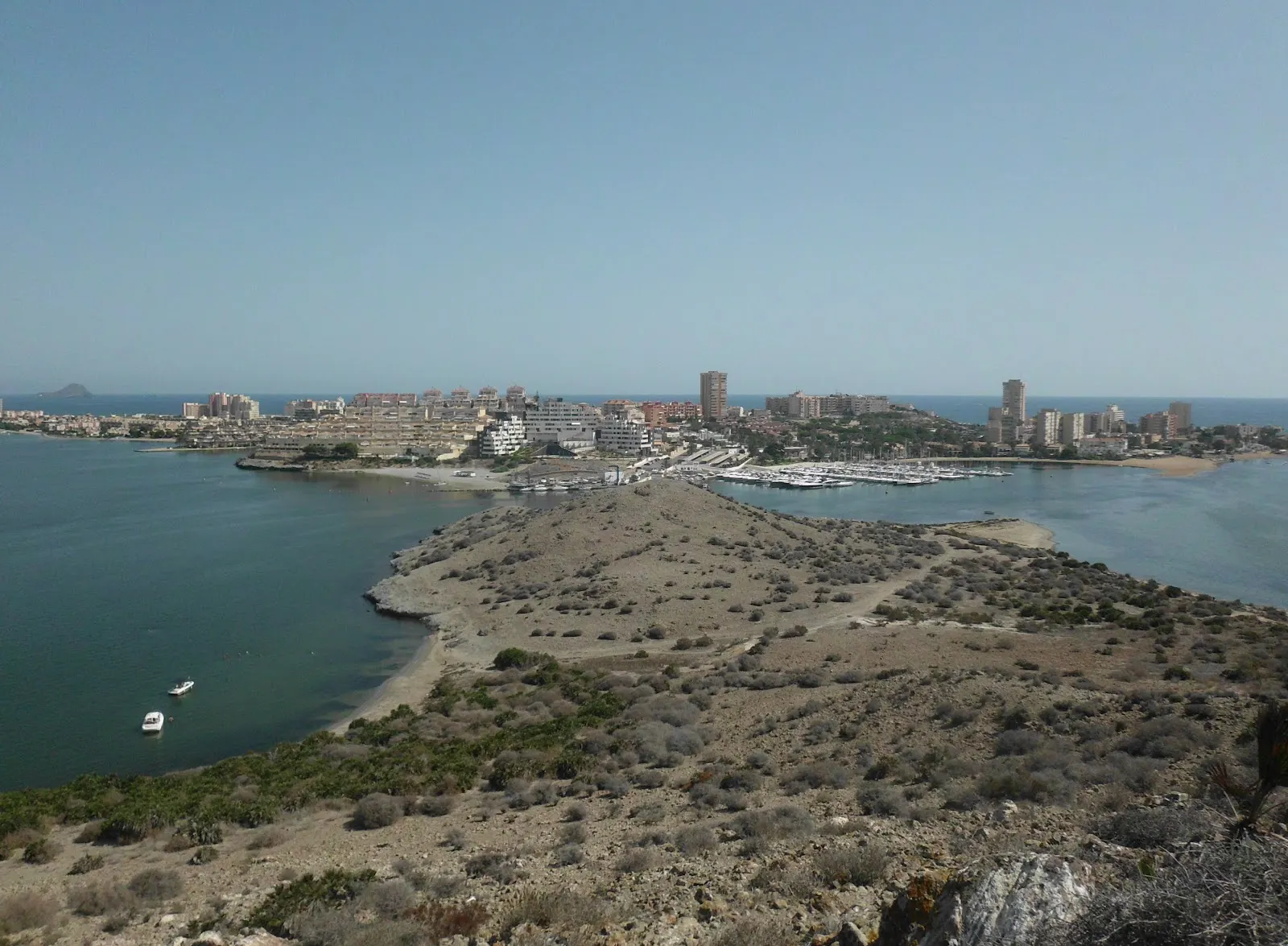 View from the top of the Isla del Ciervo towards La Manga and its marina