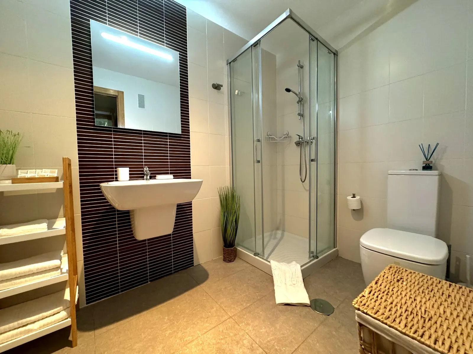 Apartment bathroom with a shower tray and wall-mounted washbasin