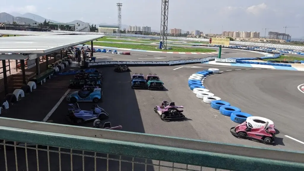 Aerial view of the track and parked karts at La Manga Gokart