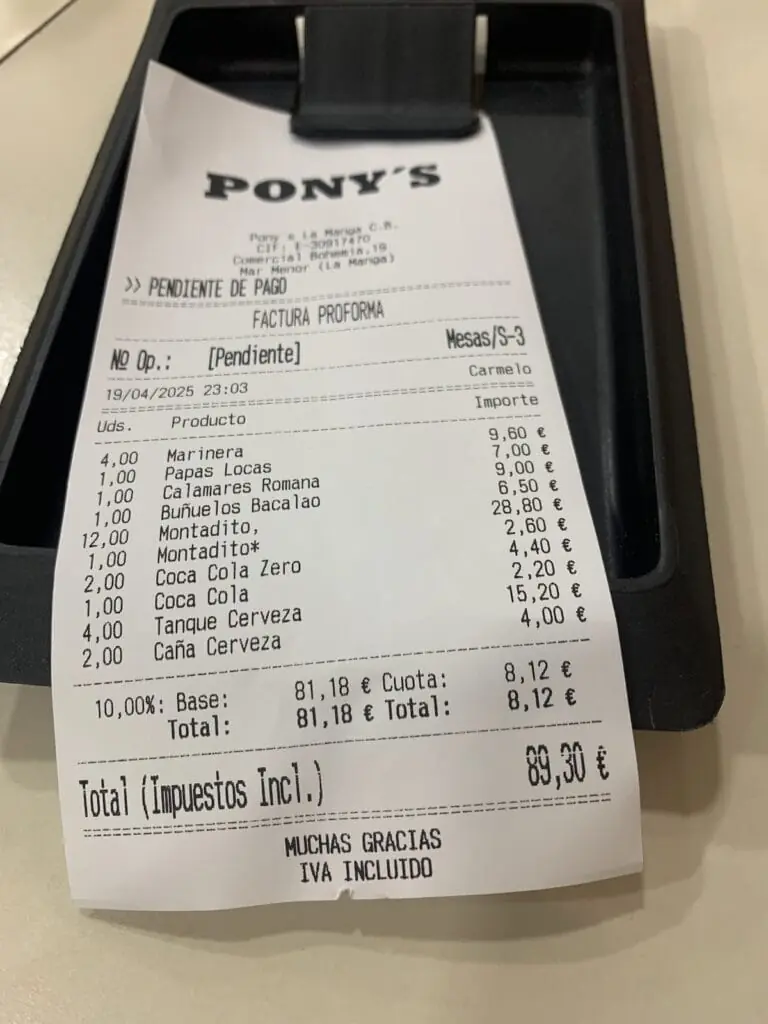 Receipt from Los Pony's, Plaza Bohemia