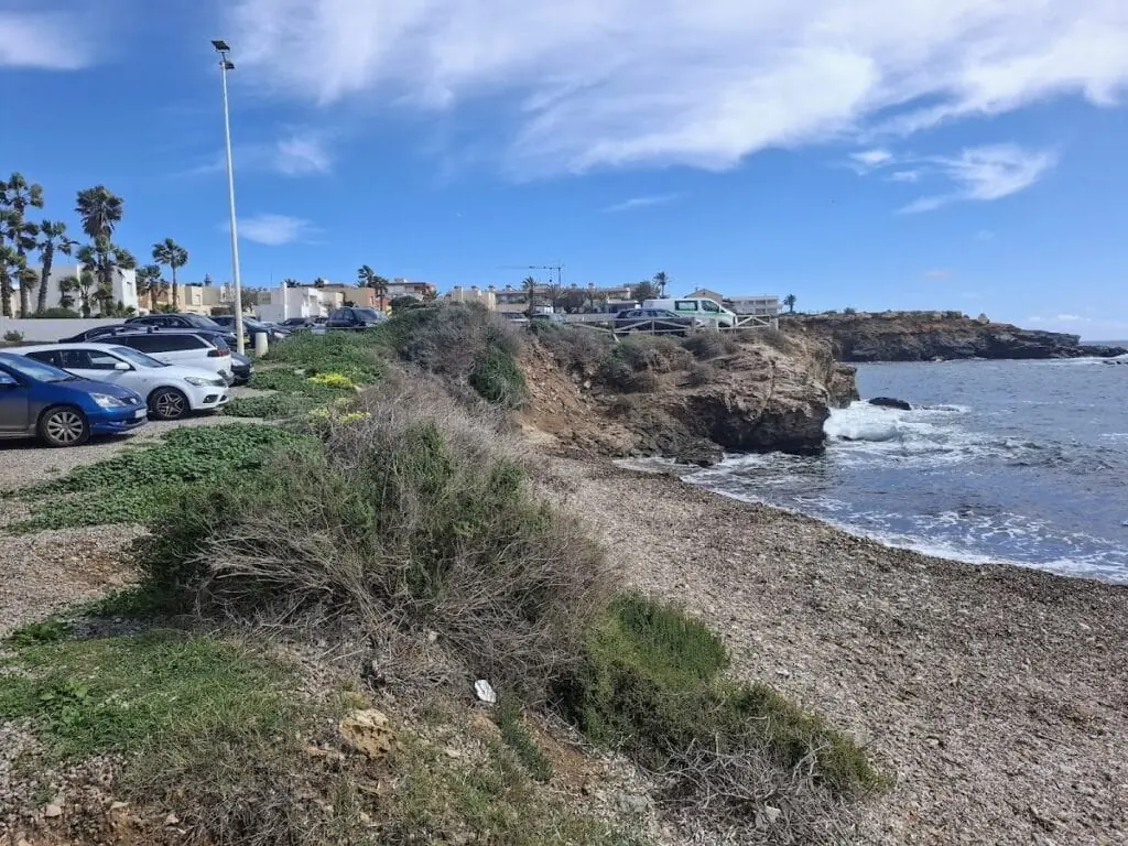 Stony shore with parking by the sea, in Cabo de Palos