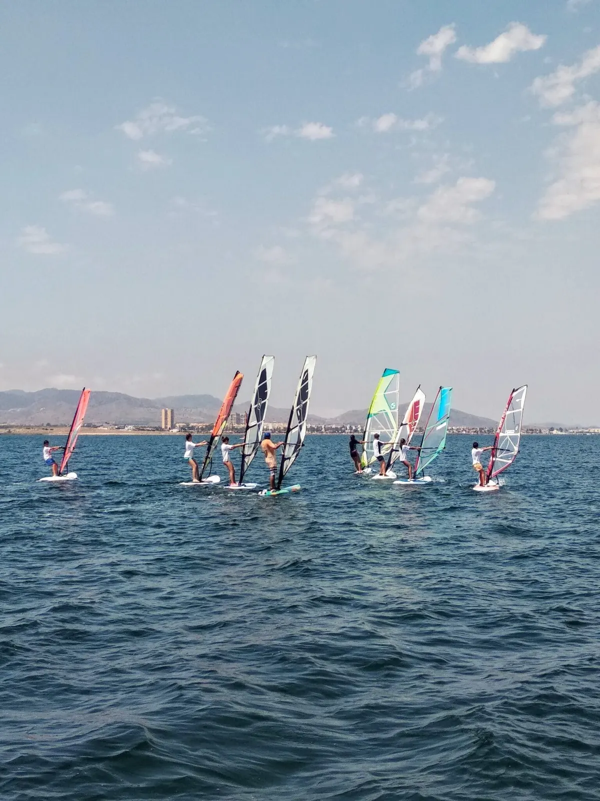 Group of Tatowind Sailing School windsurfers on the Mar Menor