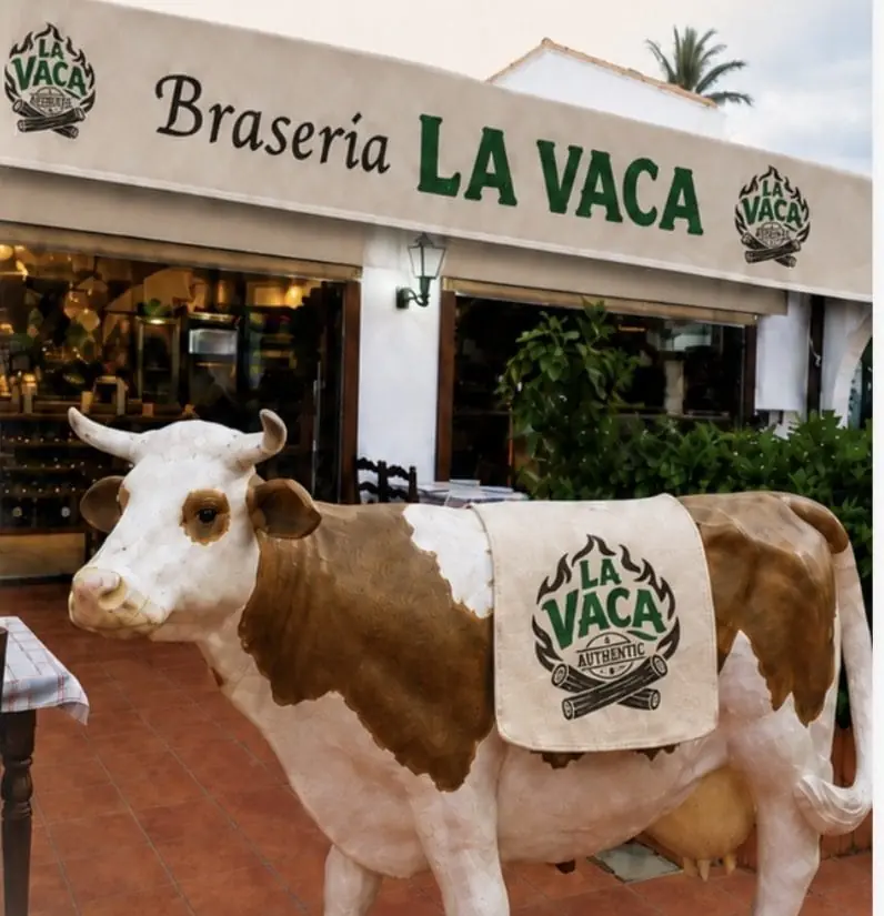 Cow mascot with the sign 'LA VACA AUTHENTIC' at the entrance to Brasería La Vaca Gallega