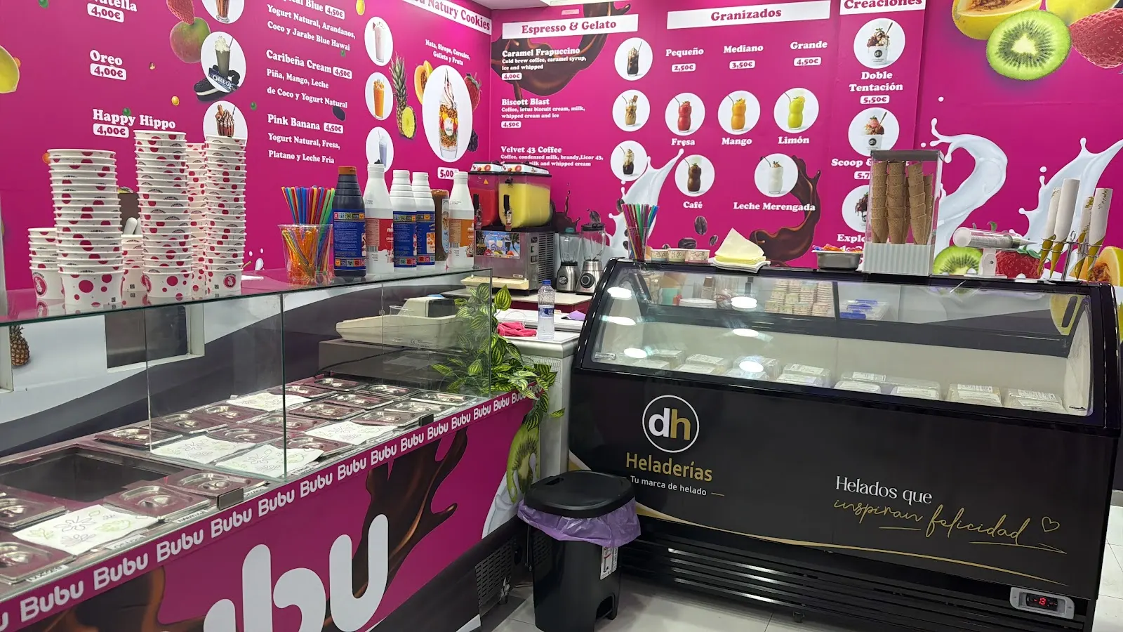 Frozen yoghurt and topping display at Yogurtería BuBu, Zoco Alcazaba