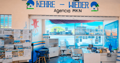 Interior de la oficina de Agencia MKN Kehre-Wieder con escaparate de propiedades, decoración azul y mural marino en La Manga del Mar Menor