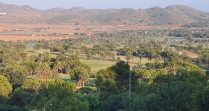 Panorámica aérea del campo de golf con palmeras y montañas al fondo desde apartamentos Buena Vista en La Manga Club