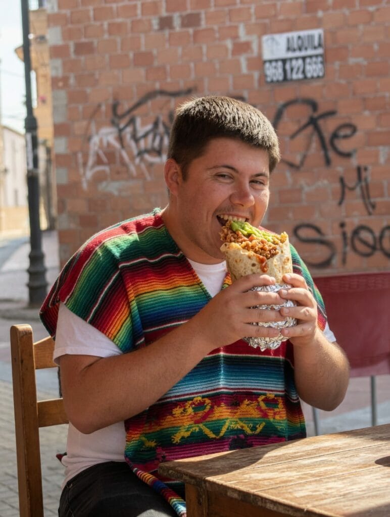 Joven con poncho mexicano de colores mordiendo un enorme burrito en terraza exterior de FanatiCamis