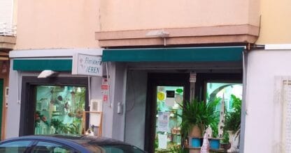 Fachada de Floristería Jerén con toldo verde y plantas y arreglos florales en el escaparate
