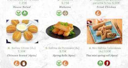 Carta de entrantes del Restaurante Green Tea con rollitos de primavera, brochetas y ensalada, La Manga del Mar Menor