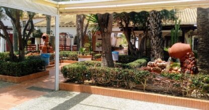 Patio ajardinado con palmeras, arbustos y decoración de cerámica en el centro comercial Jijonenca de La Manga