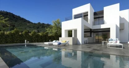 Villa moderna de diseño minimalista con piscina infinita y tumbonas blancas, render de propiedad en venta por La Manga Club Properties