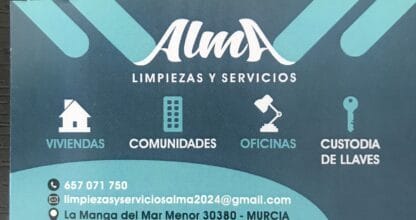 Tarjeta de visita de Limpiezas y Servicios Alma con servicios para viviendas y comunidades en La Manga del Mar Menor