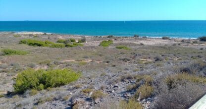 Panorámica desde el Mirador de Playa Larga con vegetación costera y el Mar Mediterráneo al fondo, La Manga del Mar Menor