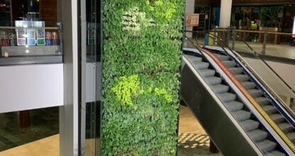 Jardín vertical con plantas naturales en interior de centro comercial junto a escalera mecánica, instalación de Miranda Jardinería