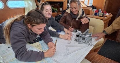Alumnas de NAUTICAE Escuela Náutica practicando navegación con cartas náuticas, compás y sextante a bordo de un velero