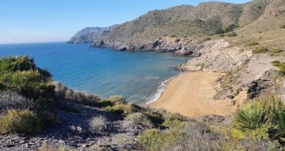 Cala virgen de arena dorada rodeada de monte mediterráneo y acantilados en el Parque Regional de Calblanque, aguas azules turquesas