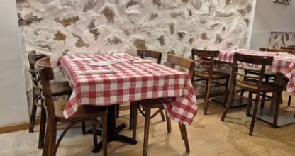Interior de Pizzería Mamma Bohemia con mesas de manteles a cuadros rojos y blancos junto a pared de piedra rústica