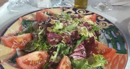 Ensalada fresca con tomate, hojas variadas y queso rallado acompañada de vino blanco en Restaurante El Chipirón