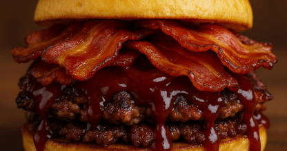 Hamburguesa doble con bacon crujiente y salsa oscura sobre pan brioche en restaurante SARAO, La Manga del Mar Menor