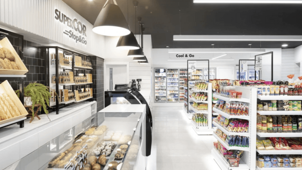 Interior moderno de Tienda Supercor Stop & Go con sección de panadería y estanterías de productos de alimentación en La Manga