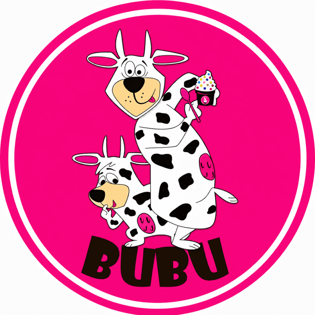 Logo circular rosa de Yogurteria BuBu con dos vacas animadas en blanco y negro, heladería y yogurtería en La Manga del Mar Menor